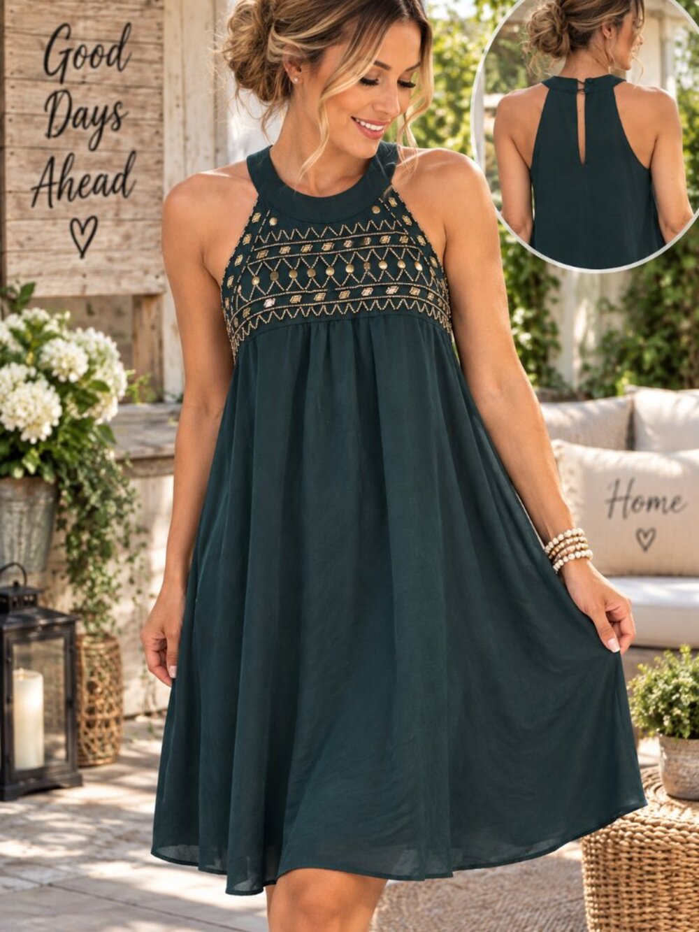 Francesca’s Teal Gold Beaded Halter Shift Dress Large